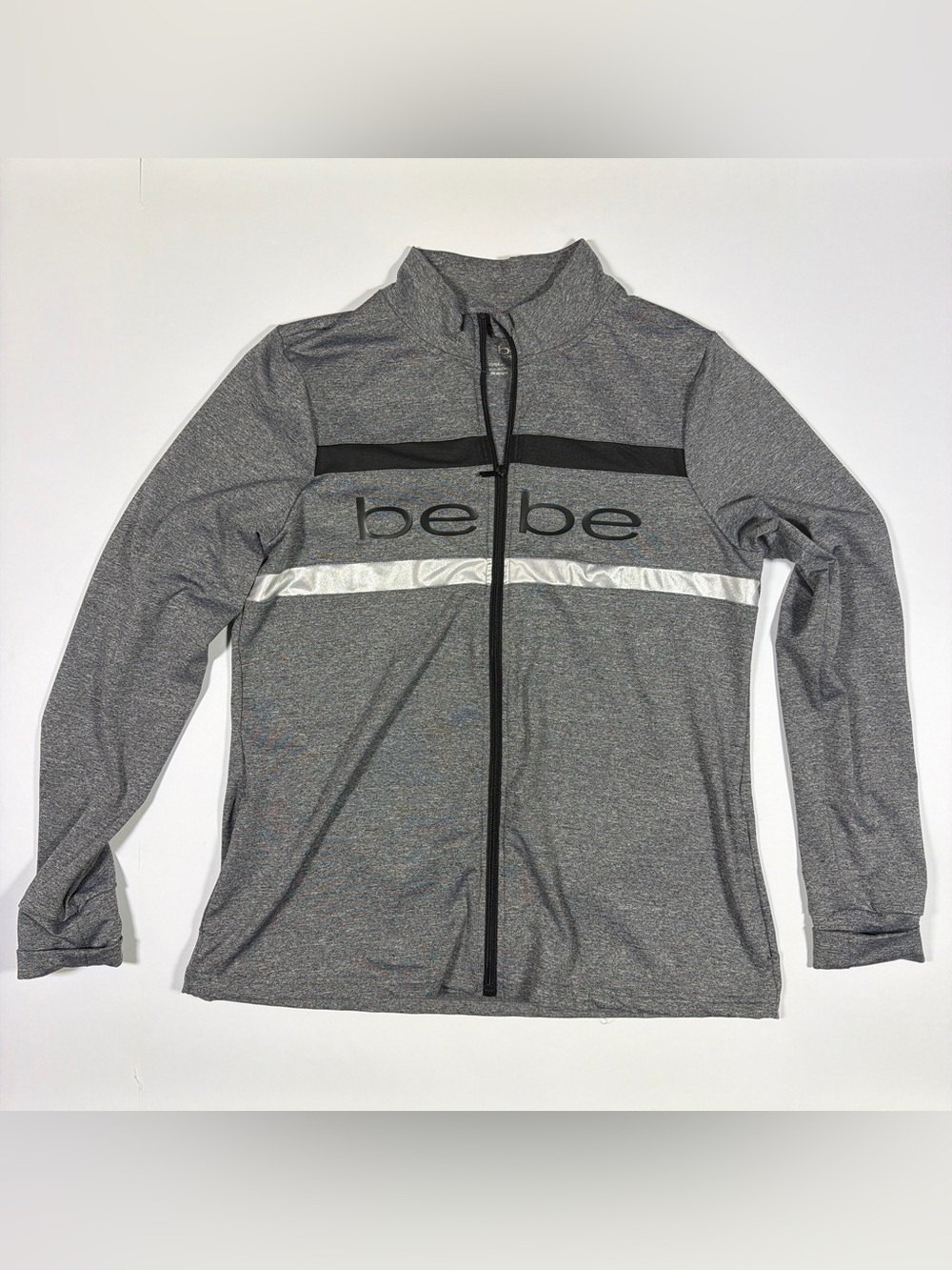 bebe Sport Gray Black Silver Stripe Full Zip Track Jacket XL
